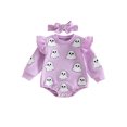 thumbnail image 1 of RUINIXCW Newborn Baby Girl My First Halloween Outfit Infant Baby Girl Fall Winter Clothes Bubble Romper Pumpkin Ghost Embroidery Ruffle Long Sleeve Bodysuit Headband Set, 1 of 8