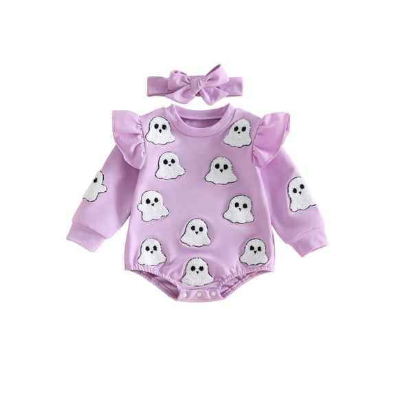 RUINIXCW Newborn Baby Girl My First Halloween Outfit Infant Baby Girl Fall Winter Clothes Bubble Romper Pumpkin Ghost Embroidery Ruffle Long Sleeve Bodysuit Headband Set