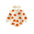 thumbnail image 1 of RUINIXCW Newborn Baby Girl My First Halloween Outfit Infant Baby Girl Fall Winter Clothes Bubble Romper Pumpkin Ghost Embroidery Ruffle Long Sleeve Bodysuit Headband Set, 1 of 9