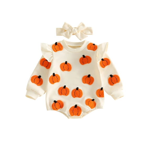 RUINIXCW Newborn Baby Girl My First Halloween Outfit Infant Baby Girl Fall Winter Clothes Bubble Romper Pumpkin Ghost Embroidery Ruffle Long Sleeve Bodysuit Headband Set