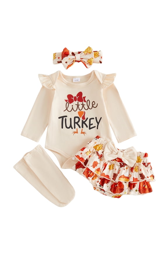 Newborn Baby Girl My First Thanksgiving Outfit Infant Baby Girl Fall Winter Clothes Cute Turcky Letter Print Flying Sleeve Romper Ruffled Skirt Headband Leg Warmers Set
