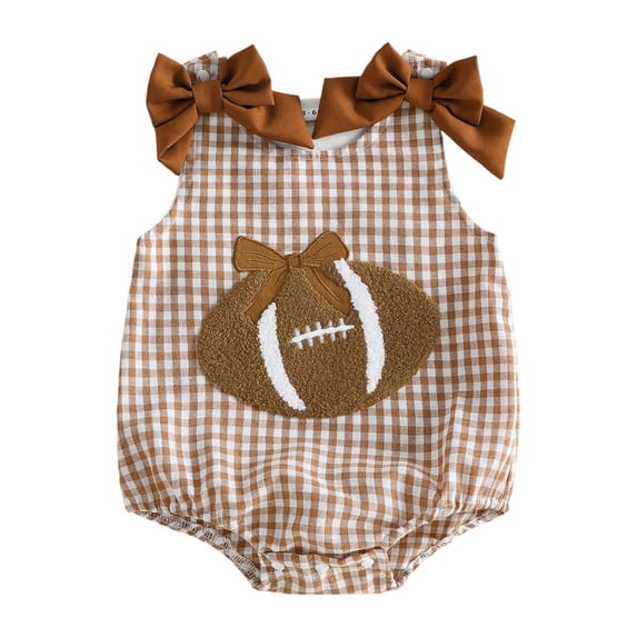 RUINIXCW Newborn Baby Girl Football Outfit Gingham Plaid Bubble Romper Overalls Infant Baby Girl Clothes Casual Rugby Embroidery Bows Sleeveless Bodysuit Jumpsuit