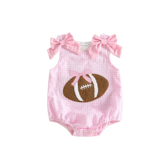 RUINIXCW Newborn Baby Girl Football Outfit Gingham Plaid Bubble Romper Overalls Infant Baby Girl Clothes Casual Rugby Embroidery Bows Sleeveless Bodysuit Jumpsuit