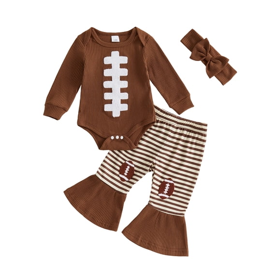 RUINIXCW Newborn Baby Girl Football Outfit Infant Baby Girl Fall Winter Clothes Rugby Print Long Sleeve Ribbed Romper Bell Bottom Flare Pants Headband Set