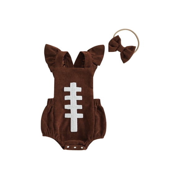 RUINIXCW Newborn Baby Girl Football Outfit Infant Cheerleading Outfit Corduroy Romper Overalls Rugby Embroidery Flutter Sleeve Bodysuit Playsuit Headband