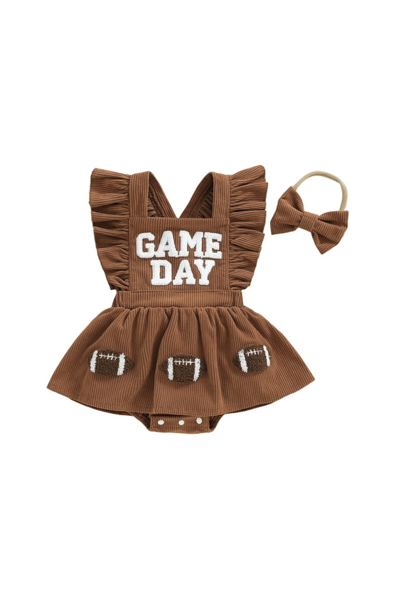 Newborn Baby Girl Football Outfit Infant Cheerleading Outfit Game Day Embroidery Corduroy Romper Dress Flutter Sleeve Summer Dress Tutu Overalls Playsuit Headband