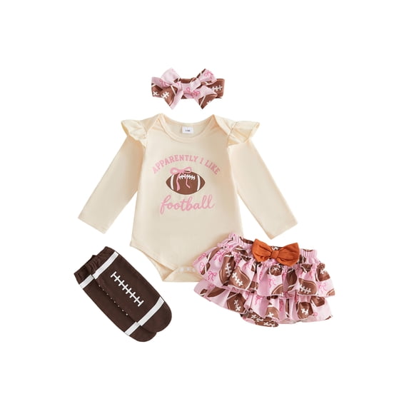 RUINIXCW Newborn Baby Girl Football Outfit Infant Girl Spring Fall Winter Clothes Letters Long Sleeve Romper Ruffle Skirt Headband Stockings 4Pcs Set