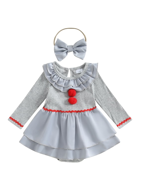 Newborn Baby Girl Halloween Outfit Clown Costume Infant Girls Romper Dress Spring Fall Doll Collar Long Sleeve Patchwork Dress Headband