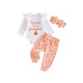 thumbnail image 1 of RUINIXCW Newborn Baby Girl Halloween Outfit Fall Winter Clothes Cute Pumpkin Letters Print Ribbed Ruffle Long Sleeve Romper and Bow Pants Headband Set, 1 of 9