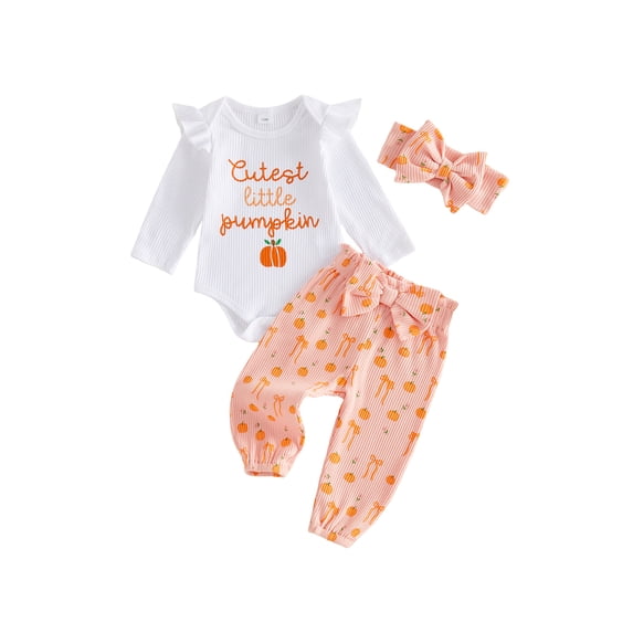 RUINIXCW Newborn Baby Girl Halloween Outfit Fall Winter Clothes Cute Pumpkin Letters Print Ribbed Ruffle Long Sleeve Romper and Bow Pants Headband Set