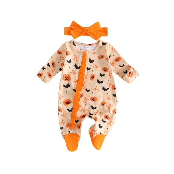 RUINIXCW Newborn Baby Girl Halloween Outfit Fall Winter Clothes Footed Romper Funny Bat Bow Print Long Sleeve Ruffled Zip Up Footie Jumpsuit Headband