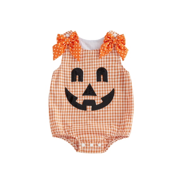 RUINIXCW Newborn Baby Girl Halloween Outfit Gingham Plaid Bubble Romper Funny Ghost Pumpkin Grimace Embroidery Sleeveless Bow Bodysuit Jumpsuit Playsuit