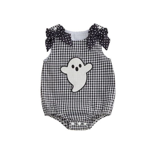 RUINIXCW Newborn Baby Girl Halloween Outfit Gingham Plaid Bubble Romper Funny Ghost Pumpkin Grimace Embroidery Sleeveless Bow Bodysuit Jumpsuit Playsuit