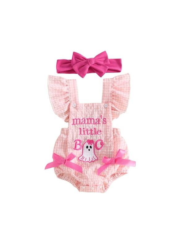 Newborn Baby Girl Halloween Outfit Gingham Plaid Bubble Romper Mama's Little Pumpkin Ghost Embroidery Flying Sleeve Square Neck Jumpsuit Playsuit Headband