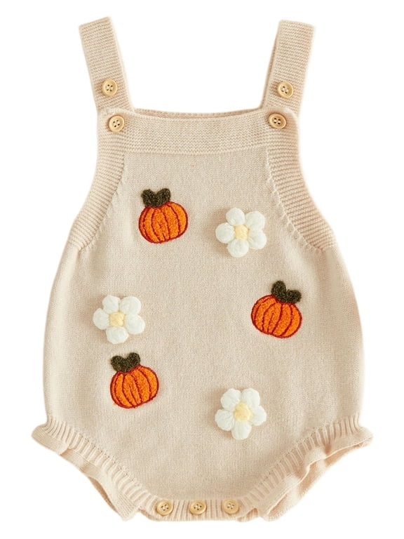 Newborn Baby Girl Halloween Outfit Infant Baby Girl Fall Knit Sweater Romper Overalls Sleeveless Pumpkin Flower Knit Romper Bodysuit Playsuit