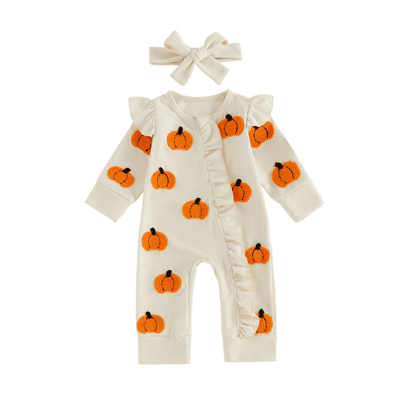 RUINIXCW Newborn Baby Girl Halloween Outfit Infant Baby Girl Fall Winter Clothes Waffled Romper Pumpkin Ghost Embroidery Ruffled Long Sleeve Zipper Jumpsuits Headband Set