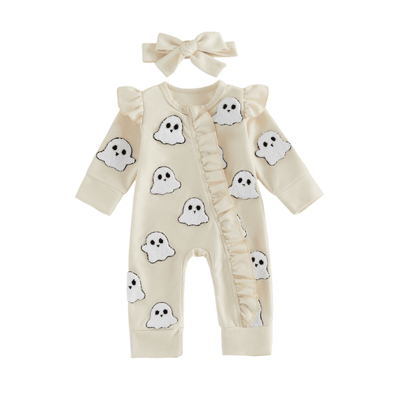 RUINIXCW Newborn Baby Girl Halloween Outfit Infant Baby Girl Fall Winter Clothes Waffled Romper Pumpkin Ghost Embroidery Ruffled Long Sleeve Zipper Jumpsuits Headband Set