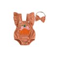 thumbnail image 1 of RUINIXCW Newborn Baby Girl Halloween Outfit Infant Baby Girls Summer Fall Clothes Pumpkin Romper Overalls Flying Sleeve Bodysuit Headband 2Pcs Set, 1 of 10