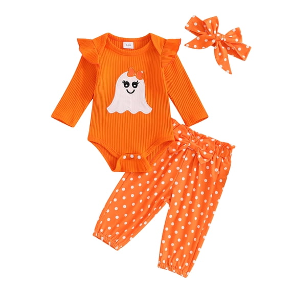 RUINIXCW Newborn Baby Girl Halloween Outfit Infant Girls Fall Winter Clothes Ghost Embroidery Ribbed Long Sleeve Romper with Dot Pants Headband Set