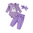 thumbnail image 1 of RUINIXCW Newborn Baby Girl Halloween Outfit Infant Girls Fall Winter Clothes Ghost Embroidery Ribbed Long Sleeve Romper with Dot Pants Headband Set, 1 of 10