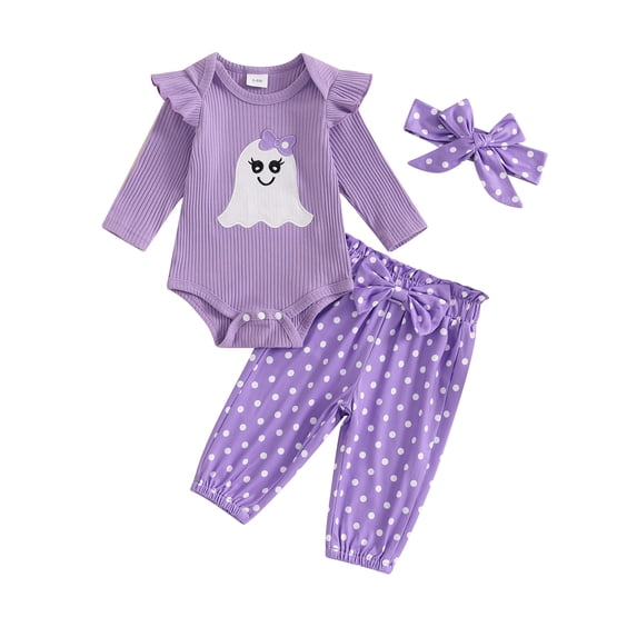 RUINIXCW Newborn Baby Girl Halloween Outfit Infant Girls Fall Winter Clothes Ghost Embroidery Ribbed Long Sleeve Romper with Dot Pants Headband Set