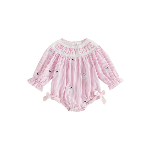 RUINIXCW Newborn Baby Girl Halloween Outfit Smocked Bubble Romper Infant Baby Fall Clothes Ghost Embroidery Side Bow Pink Striped Long Sleeve Bodysuit