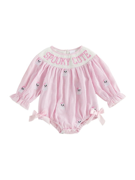 Newborn Baby Girl Halloween Outfit Smocked Bubble Romper Infant Baby Fall Clothes Ghost Embroidery Side Bow Pink Striped Long Sleeve Bodysuit