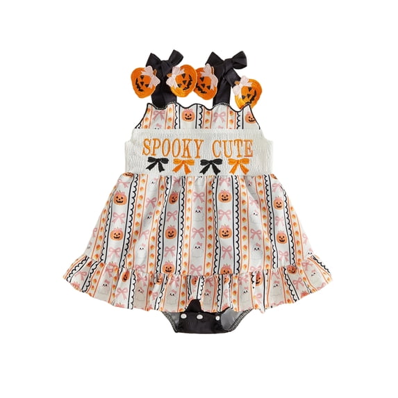 RUINIXCW Newborn Baby Girl Halloween Outfit Smocked Romper Dress Infant Baby Girls Summer Fall Clothes Pumpkin Spider Embroidery Sleeveless Dress Playsuit