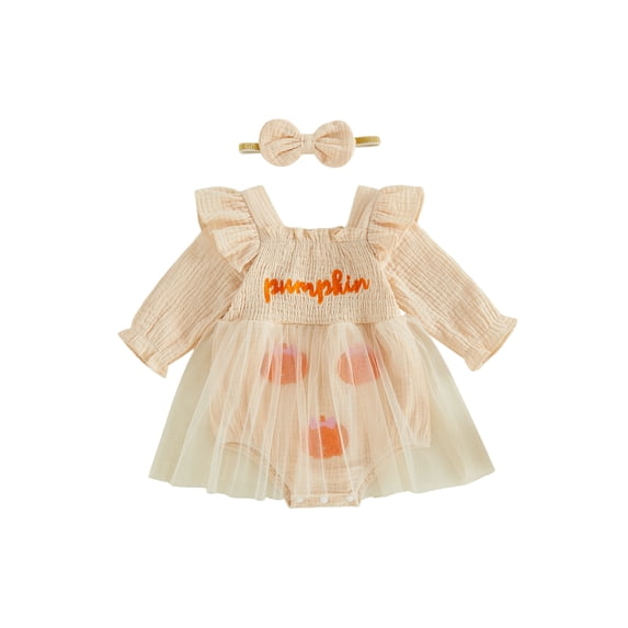 RUINIXCW Newborn Baby Girl Halloween Outfit Smocked Tulle Romper Dress Infant Baby Girls Summer Fall Clothes Pumpkin Ghost Long Sleeve Bubble Romper Dress Headband Set