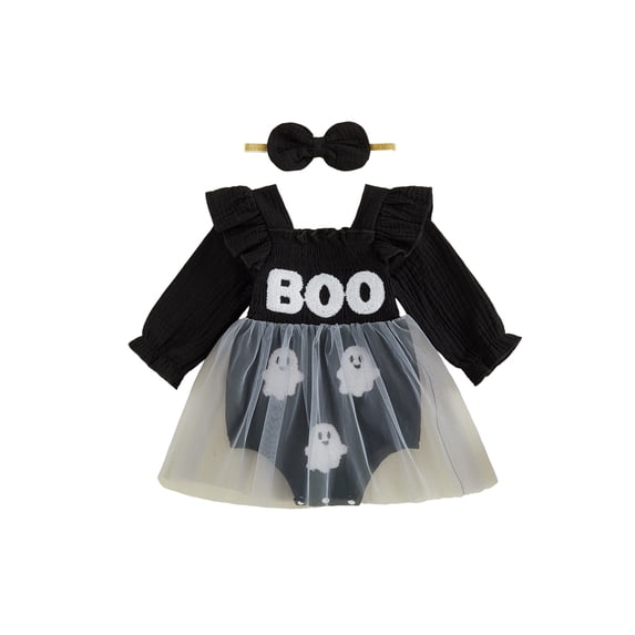 RUINIXCW Newborn Baby Girl Halloween Outfit Smocked Tulle Romper Dress Infant Baby Girls Summer Fall Clothes Pumpkin Ghost Long Sleeve Bubble Romper Dress Headband Set