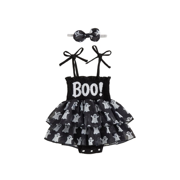 RUINIXCW Newborn Baby Girl Halloween Outfit Tutu Romper Dress Infant Girl Summer Fall Clothes Sleeveless Ghost Embroidery Tulle Smocked Dress Headband