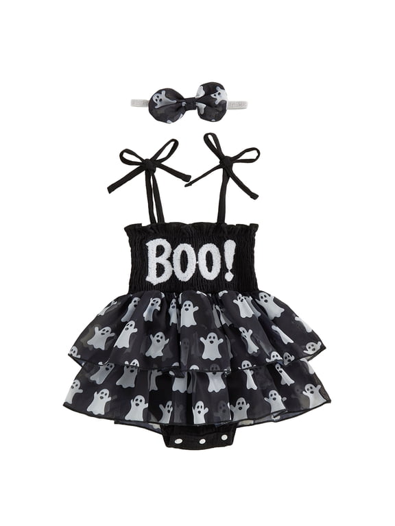 Newborn Baby Girl Halloween Outfit Tutu Romper Dress Infant Girl Summer Fall Clothes Sleeveless Ghost Embroidery Tulle Smocked Dress Headband