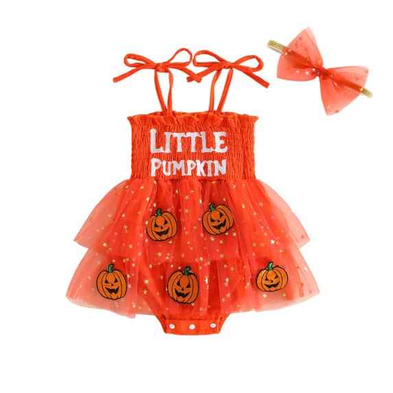 RUINIXCW Newborn Baby Girl Halloween Outfit Tutu Romper Dress Infant Girl Summer Fall Clothes Sleeveless Pumpkin Embroidery Tulle Smock Dress Headband