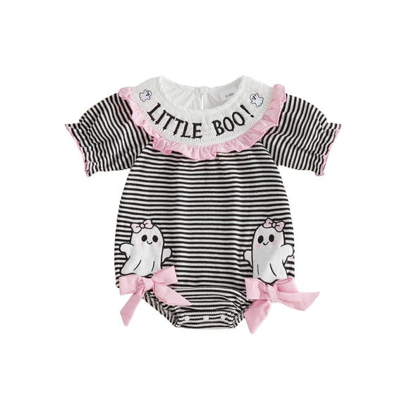RUINIXCW Newborn Baby Girl Halloween Outfit Waffled Striped Bubble Romper Letter Ghost Pumpkin Embroidery Print Short Sleeve Smocked Bodysuits Jumpsuits