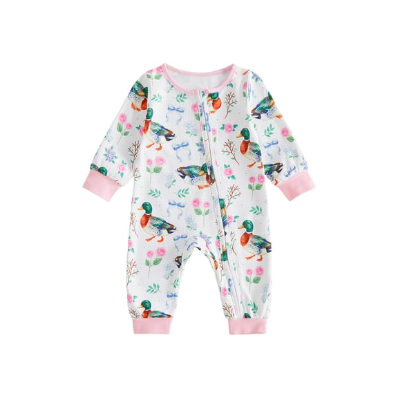RUINIXCW Newborn Baby Girl Hospital Going Home Outfit Infant Baby Girl Spring Fall Winter Clothes Duck Mallard Romper Waffled Long Sleeve Zip Jumpsuit