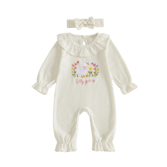 RUINIXCW Newborn Baby Girl Hospital Going Home Outfit Infant Girls Spring Fall Winter Clothes Goose Jumpsuit Ruffled Long Sleeve Romper Headband