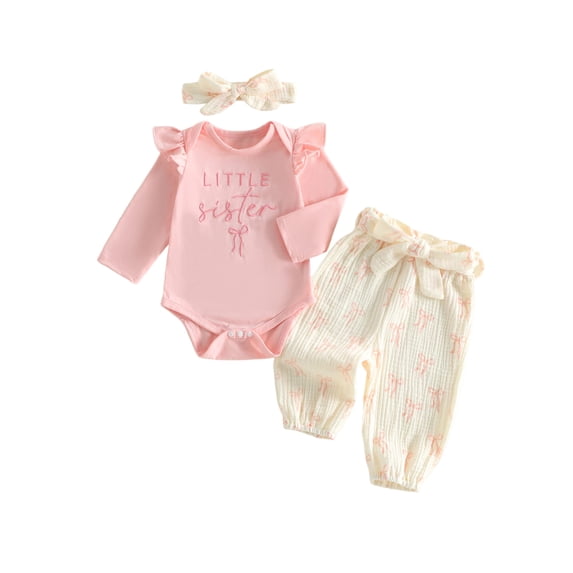 RUINIXCW Newborn Baby Girl Little Sister Outfit Infant Baby Girls Spring Fall Clothes Cute Letter Embroidery Long Sleeve Romper Pants Headband 3 Pieces Set