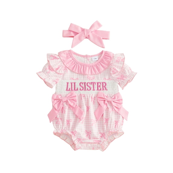 RUINIXCW Newborn Baby Girl Little Sister Outfit Smocked Bubble Romper Infant Baby Girls Summer Clothes Lil Sister Letters Embroidery Puff Short Sleeve Ruffle Bodysuit Headband