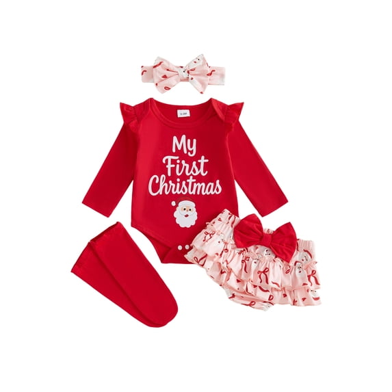 RUINIXCW Newborn Baby Girl My First Christmas Outfit Fall Winter Clothes Letter Print Long Sleeve Romper and Ruffled Skirt Long Socks Headband Set