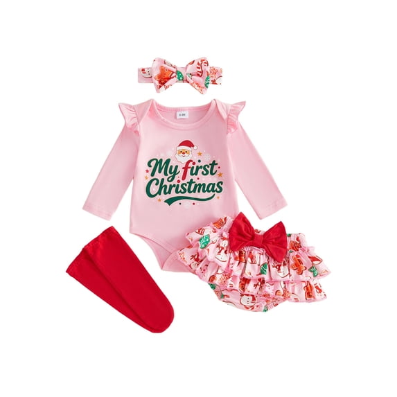 RUINIXCW Newborn Baby Girl My First Christmas Outfit Fall Winter Clothes Letter Print Long Sleeve Romper and Ruffled Skirt Long Socks Headband Set