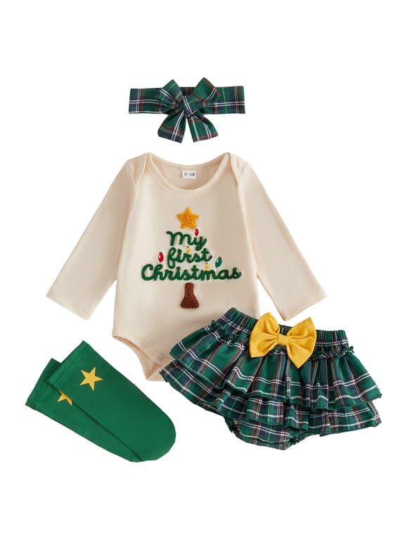 Newborn Baby Girl My First Christmas Outfit Infant Girl Fall Winter Clothes Embroidery Long Sleeve Romper Plaid Skirt Headband Stockings Set
