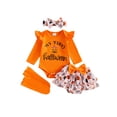 thumbnail image 1 of RUINIXCW Newborn Baby Girl My First Halloween Outfit Infant Girl Fall Clothes Letters Print Long Sleeve Romper Ruffled Skirt Headband Stockings Set, 1 of 10