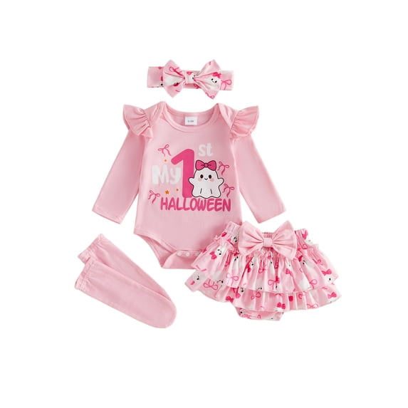 RUINIXCW Newborn Baby Girl My First Halloween Outfit Infant Girl Fall Clothes Letters Print Long Sleeve Romper Ruffled Skirt Headband Stockings Set