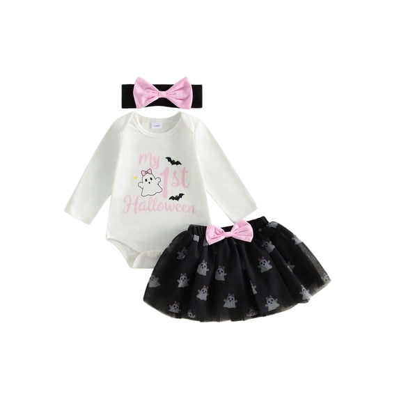 RUINIXCW Newborn Baby Girl My First Halloween Outfit Infant Girl Fall Clothes Letters Print Long Sleeve Romper Tulle Tutu Skirt Headband 3 Pcs Set