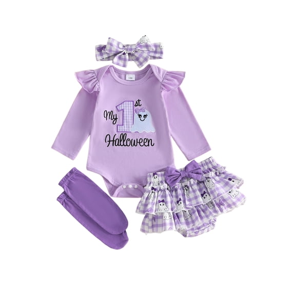 RUINIXCW Newborn Baby Girl My First Halloween Outfit Infant Girl Fall Winter Clothes Letters Embroidery Long Sleeve Romper Skirt Headband Socks Set