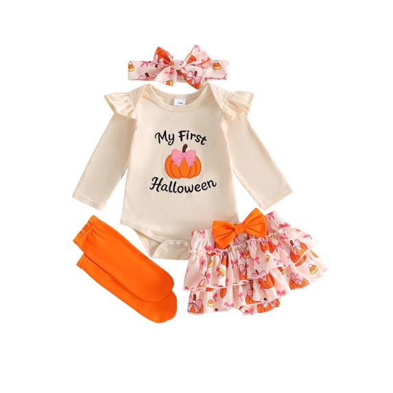RUINIXCW Newborn Baby Girl My First Halloween Outfit Infant Girl Fall Winter Clothes Letters Embroidery Long Sleeve Romper Skirt Headband Socks Set