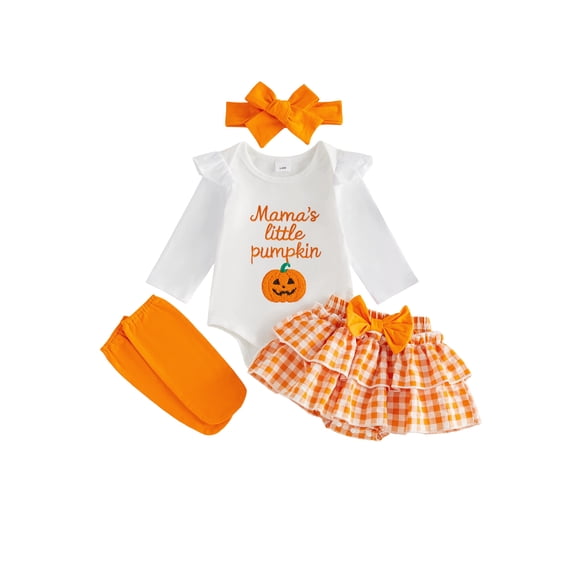 RUINIXCW Newborn Baby Girl My First Halloween Outfit Infant Girl Fall Winter Clothes Pumpkin Embroidery Long Sleeve Romper Plaid Skirt Headband Socks