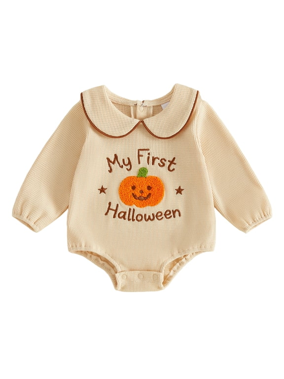 Newborn Baby Girl My First Halloween Outfit Waffled Bubble Romper Infant Girls Fall Clothes Peter Pan Collar Embroidery Long Sleeve Bodysuit