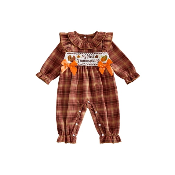 RUINIXCW Newborn Baby Girl My First Thanksgiving Outfit Infant Baby Girl Fall Clothes Plaid Bubble Romper Long Sleeve Turkey Embroidery Jumpsuit