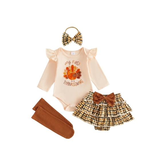 RUINIXCW Newborn Baby Girl My First Thanksgiving Outfit Infant Girls Fall Winter Clothes Turkey Long Sleeve Romper Plaid Skirt Headband Stockings Set